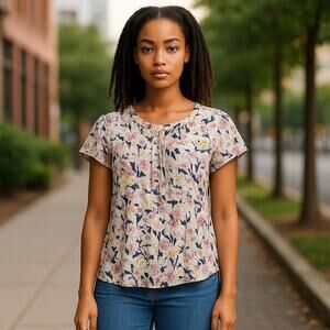 Boden Blouse Womens 10 Medium Silk Viscose Floral Cream Blue Pink Flutter Sleeve